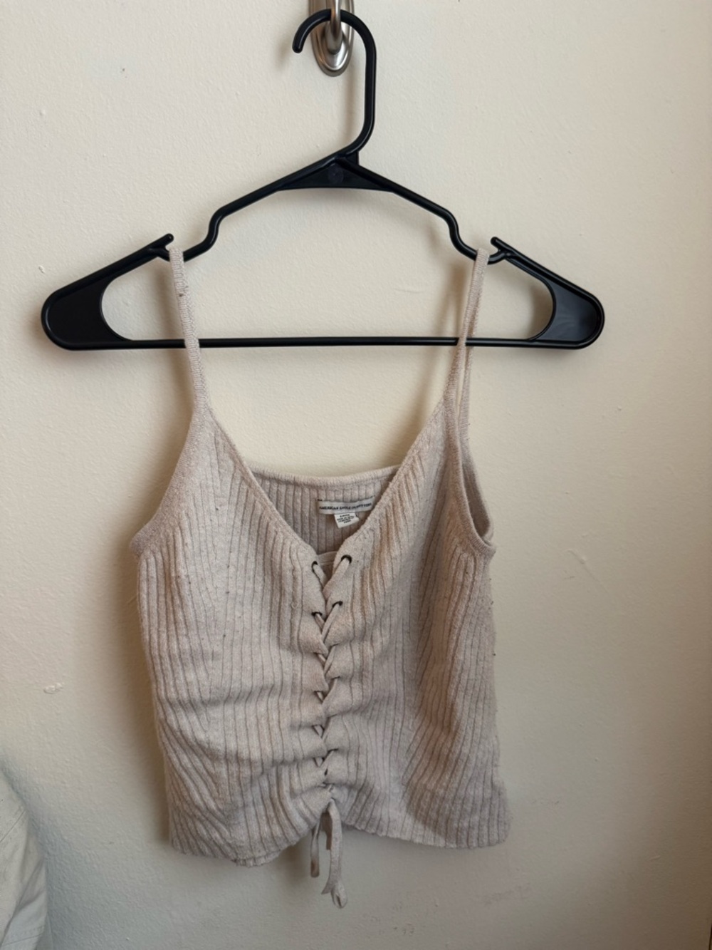 American Eagle Ribbed Lace-Up Knit Cami Tank Top - Cream